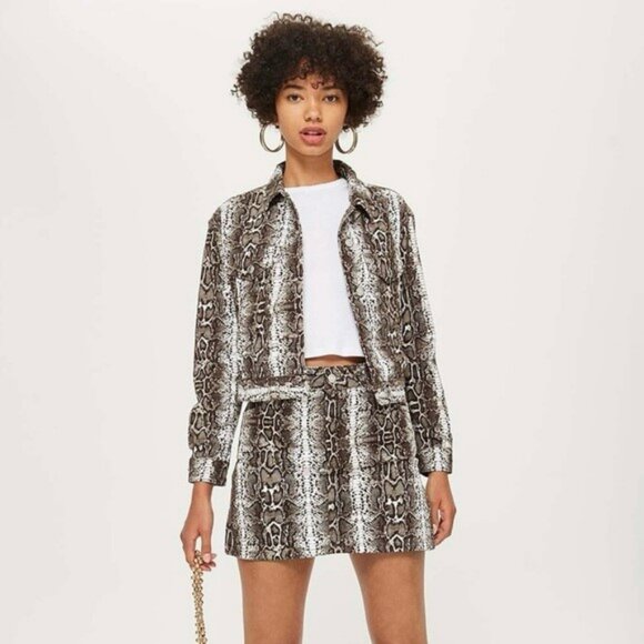 Topshop Jackets & Blazers - Topshop Moto Snakeskin Print Cropped Denim Jacked Brown and Cream Size 6